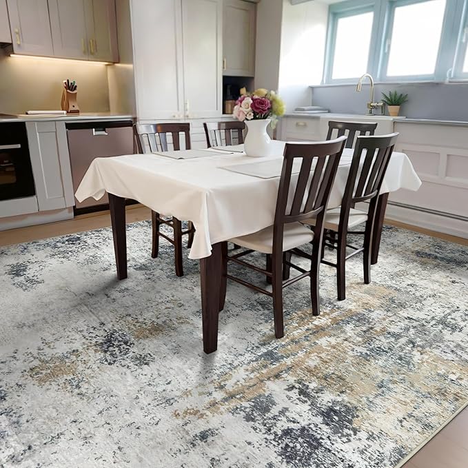 Washable Area Rugs for Living Room 9x12 - Large Neutral Modern Abstract Rug, Soft Low Pile Carpet with Non Slip Backing for Under Dining Room Table, Bedroom, Home, Office, Dorm - Green Yellow