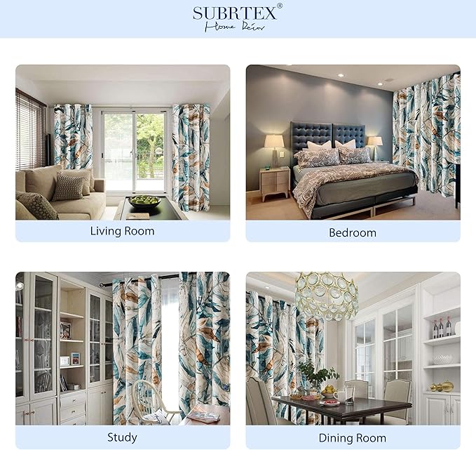 SUBRTEX Light Flitering Curtains 52Wx108L, Room Darkening Vibrant Floral Drapes, 50% Blackout, Semi Sheer Boho Farmhouse Curtains for Living Room, Blue