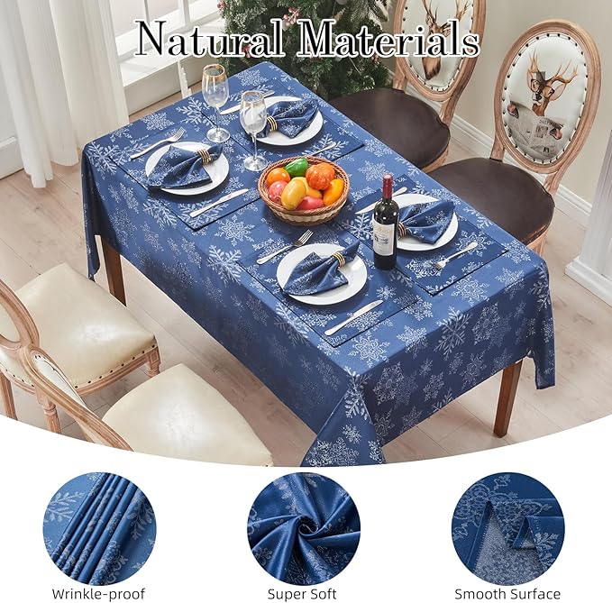 Rectangle Fancy Metallic Sparkling Snowflake Christmas Fabric Table Cloth red Hunter Gold Navy White Silver No-Iron Soil Resistant Woven Holiday Table Cover(Navy Silver/60x144Inch)