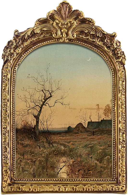 FOLKOR Canvas Wall Art with Vintage Gold Picture Frame, Countryside Village Landscape Posters Prints for Bedroom Dining Room Kitchen Decor, Retro Sunset Artwork for Home Office Gallery Wall, 5x7