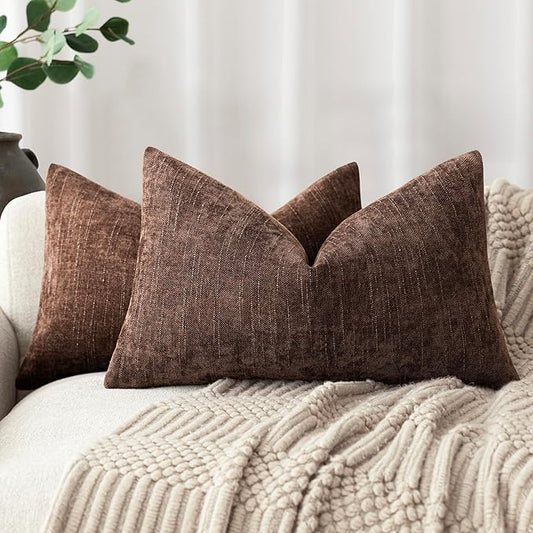 Foindtower Pack of 2 Textured Chenille Throw Decorative Pillow Covers Square Accent Solid Cushion Cover Neutral Farmhouse Lumbar Pillow Case for Couch Sofa Bedroom Living Room 12x20 Inch,Red Brown