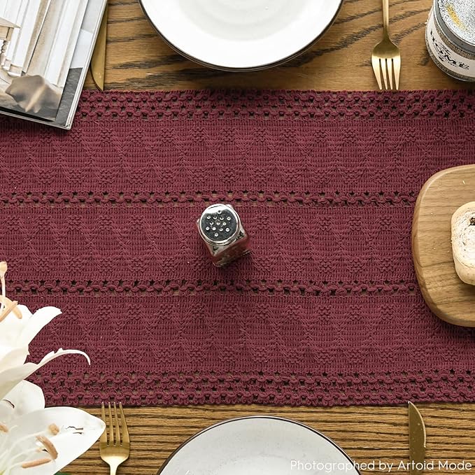 Artoid Mode Red Farmhouse Woven Rustic Hollow Table Runner, Seasonal Holiday Hollow Kitchen Dining Table Decoration for Home Party Decor 12x108 Inch