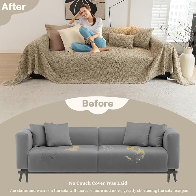 DREAMINGO Thickened Chenille Couch Cover 71x150 Inch Washable 3-Seater Sofa Covers Living Room Sectional Couch Slipcovers Modern Furniture Protector with Tassel, Beige
