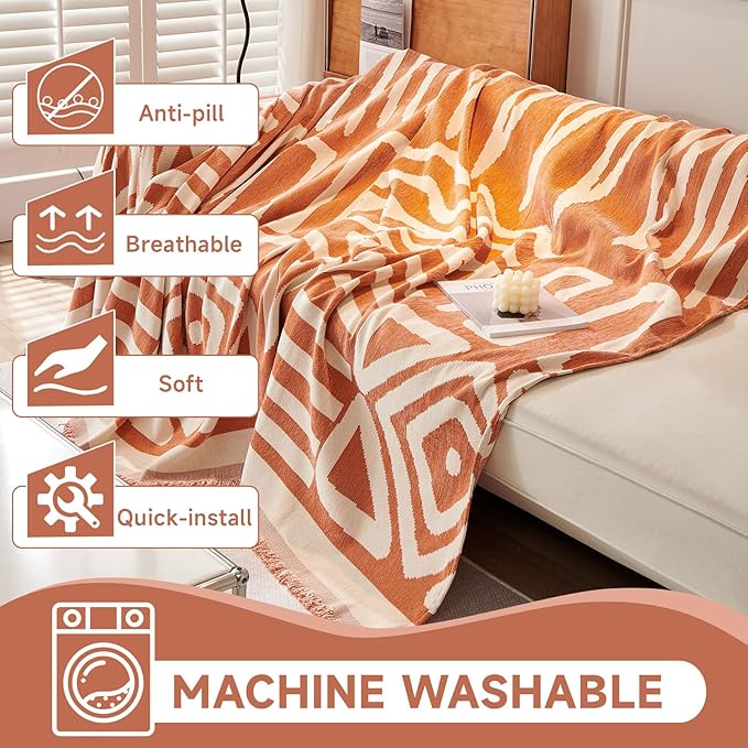 VClife Couch Cover Chenille Sofa Covers for Sectional Sofa, Bohemian Couch Covers for 3 Cushion Couch Sofa, Non Slip Sofa Slipcover Washable Caramel Couch Sofa Covers for Dog, 91''x134''