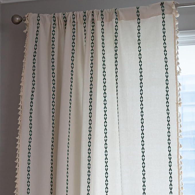 Sutuo Home Boho Curtains 90 inches for Bedroom Living Room, Semi Blackout Farmhouse Tassels Vintage Privacy Bohemian Embroidery Drape, Rod Pocket 1 Panel 52" W x 90" L, White and Emerald Green
