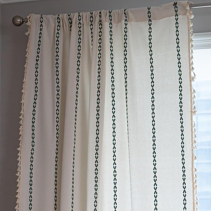 Sutuo Home Boho Curtains for Dining Room Kitchen, Semi Blackout Farmhouse Vintage Tassels Window Treatment Bohemian Embroidery Drape, Rod Pocket 1 Panel 52" W x 63" L, White and Emerald Green