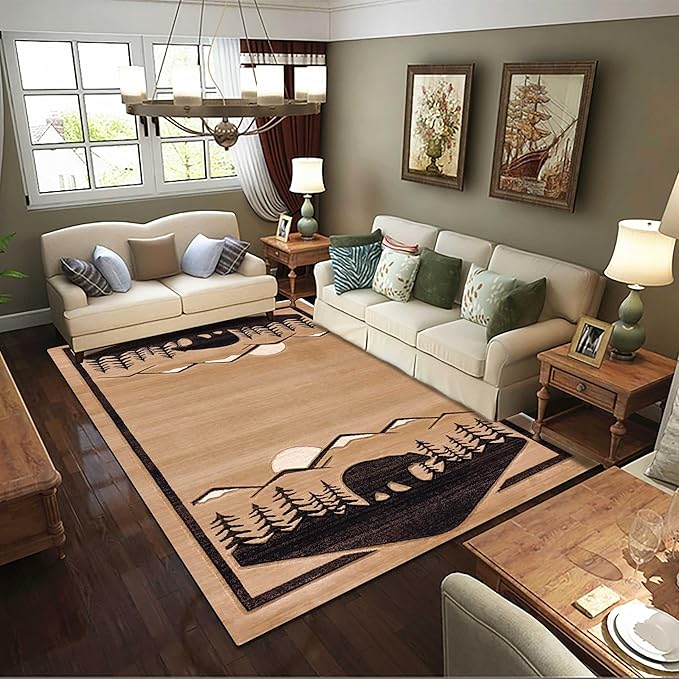 Brown Rustic Cabin Area Rug, 3x4ft, Vintage Simple Wildlife Bear Plant Rugs, Country Style Lodge Large Floor Carpets Doormat Non Slip Washable Indoor Area Rugs for Bedroom Kids Room