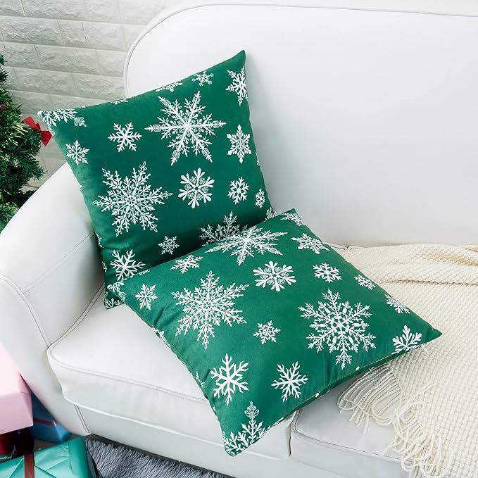 HWY 50 Green Decorative Throw Pillow Covers 18x18 Inch for Couch Sofa Living Room Bed, Soft Christmas Big and Small Snowflakes Print Throw Pillows Cases Set Cushion Cover Pack of 2