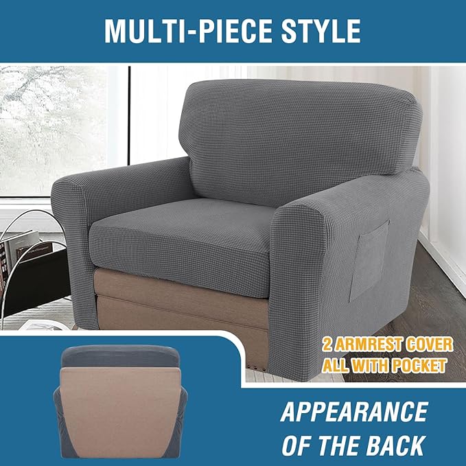 H.VERSAILTEX Multi-Pieces Chair Covers Stretch Couch Covers Form Fitted Seat and Back Cushions Covers (1 Seat Cover Plus 1 Back Cusion Cover, Bonus 2 Armrest Covers), Grey