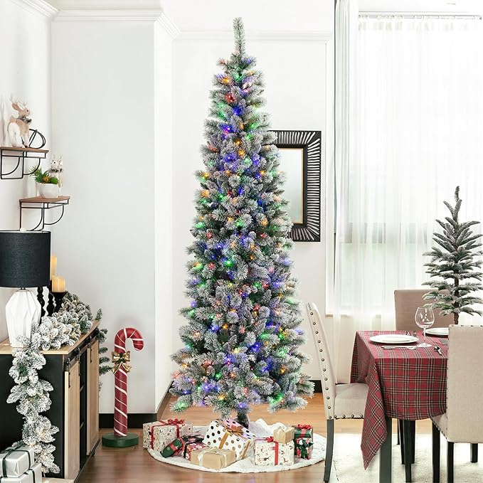 Glitzhome 9ft Prelit Christmas Tree, Artificial Christmas Tree Portland Snowy Pine Flocked Pencil Christmas Tree with 450 LED Lights, 9 Functional Warm White/Multi-Color, Remote Controller