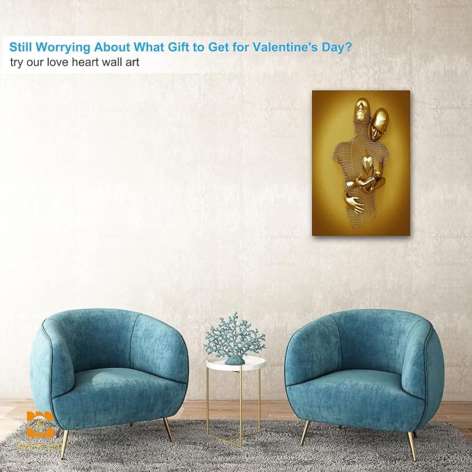 3D Wall Art- Love Heart 3D Metal Canvas Art, Gold Modern Abstract Hug Lovers Painting Picture Poster Prints for Bathroom, Romantic Couple Living Room Canvas Wall Art Framed 24”x36”x1Pcs
