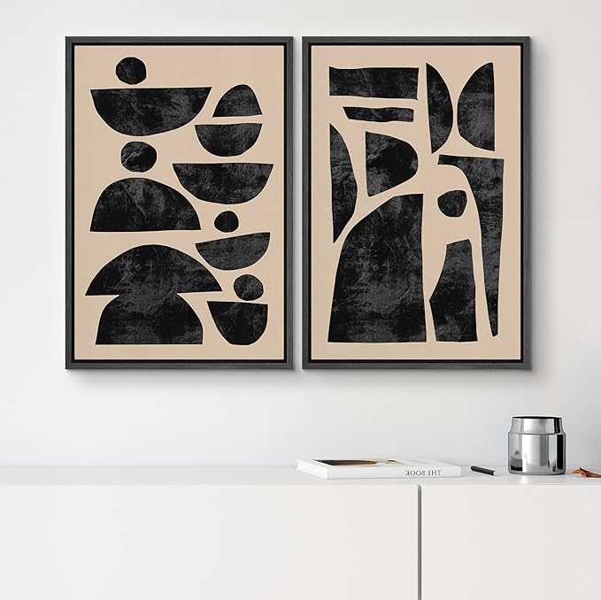 SIGNWIN Framed Canvas Print Wall Art Set Mid-Century Semi-Circle Polygons Variety Abstract Shapes Illustrations Modern Art Minimal Boho for Living Room, Bedroom, Office - 16"x24"x2 Black