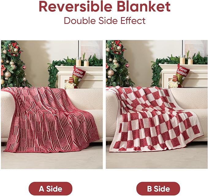 Snuggle Sac Red Checkered Christmas Blanket,Super Soft Reversible Twin Size Cozy Warm Throw Blanket for Couch Sofa Bedroom,Cute Lightweight Striped Blankets for Women,Heather Red,60x80 inches