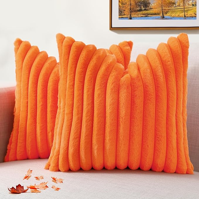 decorUhome Faux Fur Thanksgiving Day Throw Pillow Covers 20x20 Set of 2, Decorative Soft Plush Striped Neutral Couch Euro Pillow Covers with Velvet Back for Sofa, Bed, Living Room Home Decor, Orange