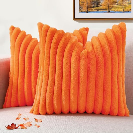 decorUhome Faux Fur Thanksgiving Day Throw Pillow Covers 20x20 Set of 2, Decorative Soft Plush Striped Neutral Couch Euro Pillow Covers with Velvet Back for Sofa, Bed, Living Room Home Decor, Orange