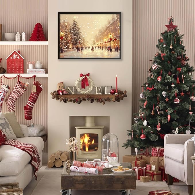 Winter Christmas Landscape Wall Art Fashion Snowscape Poster Vintage Cozy Scenic Canvas Prints 08x10 inch Black Framed for Living Room Office Wall Decor