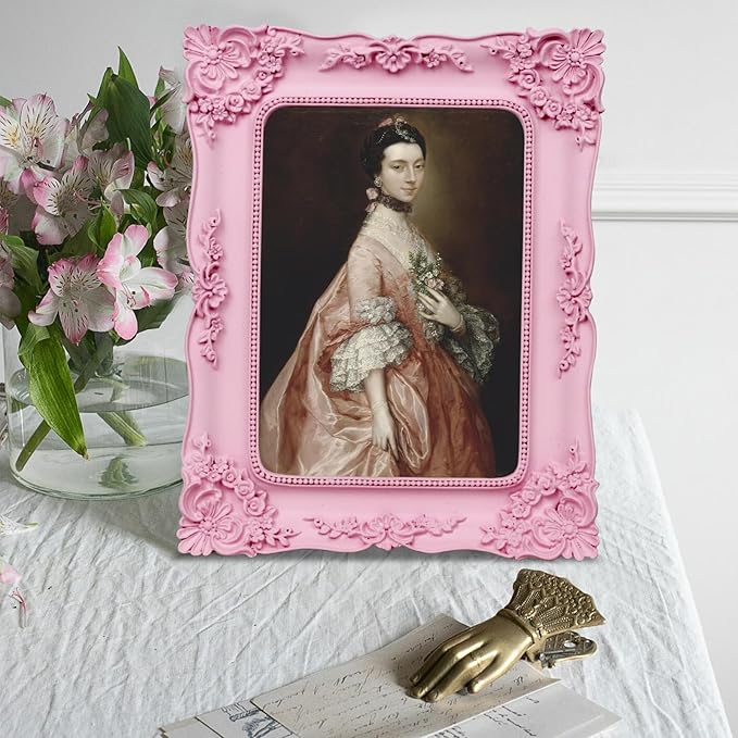 Pink Picture Frame 5x7 Vintage Victorian Picture Frame Antique Ornate Baroque for Tabletop or Wall Hanging Small with Glass Front