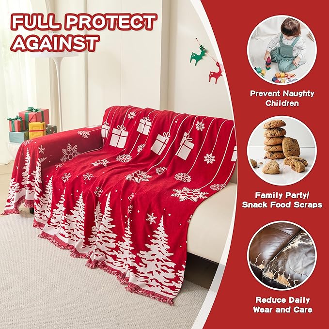 MEETSKY Christmas Couch Cover for Sectional Sofa, Chenille Loveseat Red Sofa Covers Washable for Pet Friendly Cedar Decorative Couch Covers, 71" x 118"