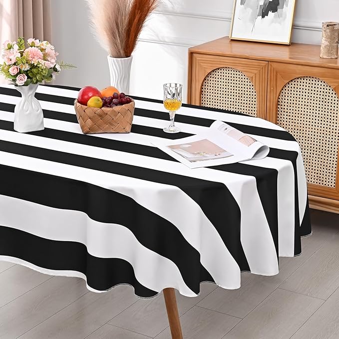 ASPMIZ Black and White Striped Tablecloth for Oval Tables, Geometric Stripe Waterproof Table Cloth for Kitchen Dining Room, Polyester Tablecloth Oval 60” x 84"