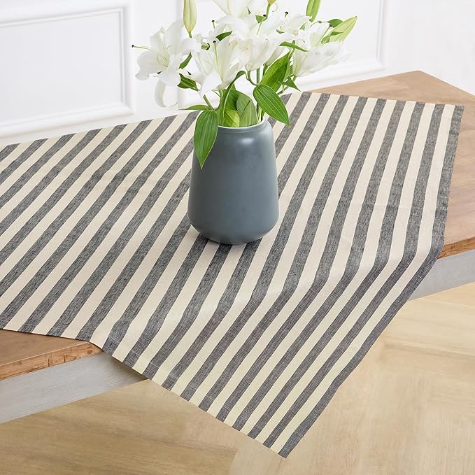 Solino Home Linen Square Tablecloth 52 x 52 Inch - Sorrento Stripe, 100% Pure Linen Black and Natural Table Throw - Machine Washable Tablecloth for Fall, Autumn, Thanksgiving