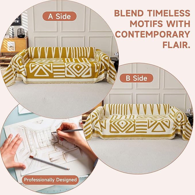 VClife Boho Couch Cover Soft Thick Chenille Couch Covers for Sectional Sofa, Bohemian Jacquard Couch Cover for 2 Cushion Couch Sofa Washable Breathable Furniture Protector, Mustard Yellow, 71"x118"