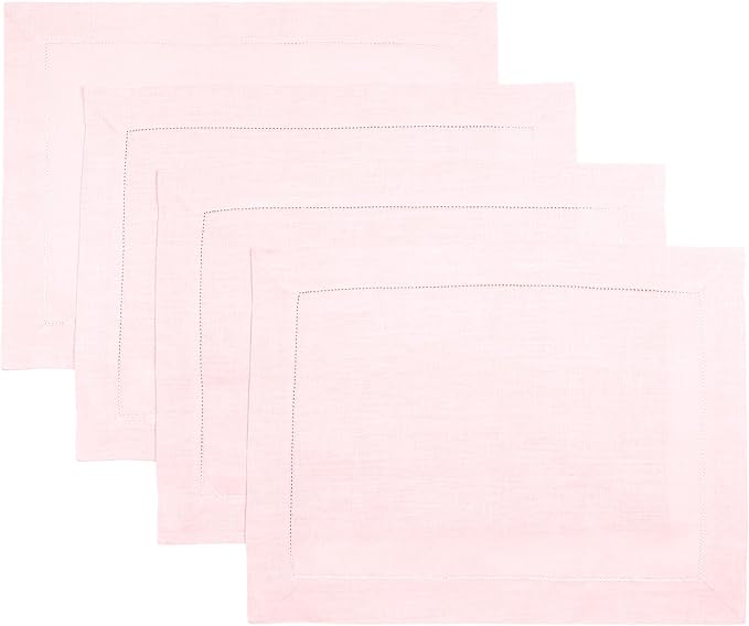 D'Moksha Homes Linen Placemats Set of 4 - Classic Hemstitch Pastel Pink Placemats 14 x 19 Inch - 100% Pure Linen Table Mats for Christmas, Holiday - Handcrafted and Machine Washable