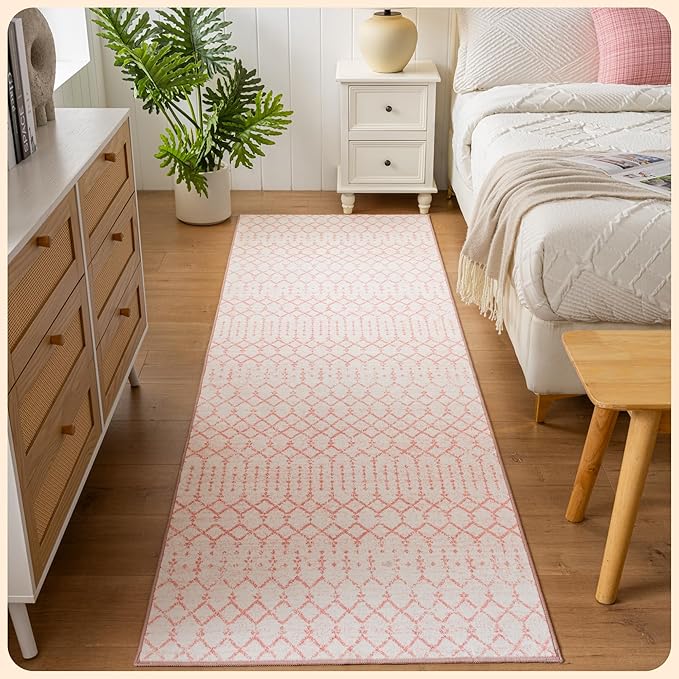 Istana Pink 2.5x8 Modern Geometric Runner Rug - Machine Washable, Non Slip, Pet Friendly