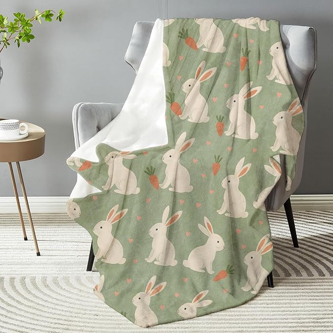 Cute Bunny Carrot Blanket, Plush Soft Lightweight Warm Cozy Flannel 60×50 inch Adorable Rabbit Throw Blanket for Couch, Travel, Bed, Office, Outdoor, Gifts for Kids Girls Teens Adults Women