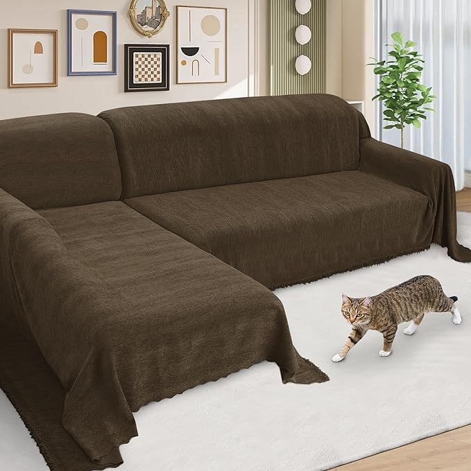 ALIECOM Sectional Couch Covers L Shape Sectional Sofa Cover for Dogs 2 Piece Thick Chenille L Shaped Couch Cover Blanket Chaise Sofa Slipcovers Pet Furniture Protector Washable (XX-Large, Dark Brown)