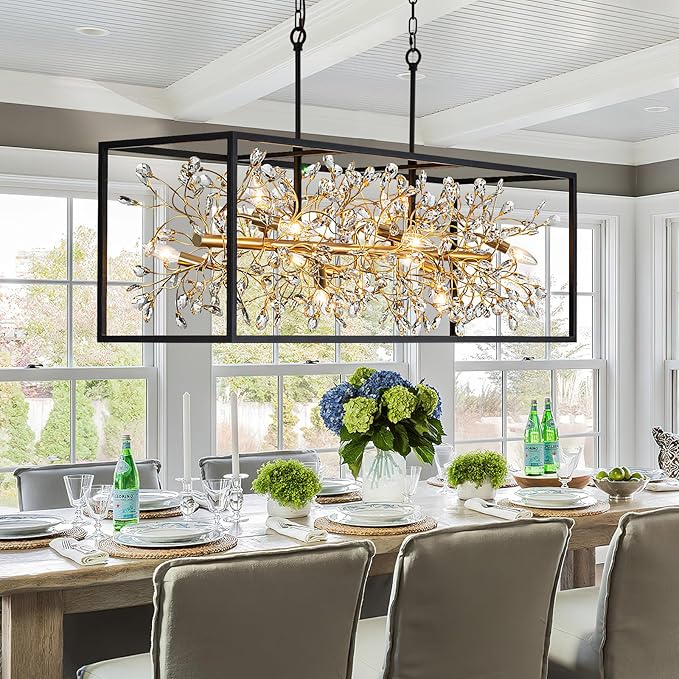 Vezzio Black and Gold Chandelier, 10-Light Rectangle Crystal Chandeliers Rectangular Modern Luxury Pendant Light Fixture for Dining Room Large Kitchen Island, L48 Inch