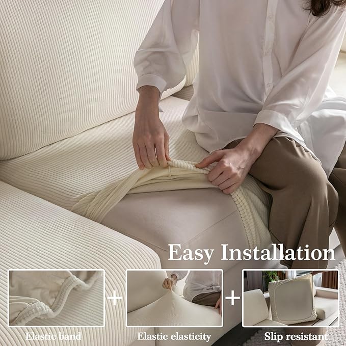 Sectional Couch Covers, Wear Resistant Stretch Sofa Covers Washable Soft Couch Cushion Covers Anti Slip Furniture Protector Sofa Slipcovers for Pets(4 Pieces 3 Seaters+1 Chaise, Ivory)