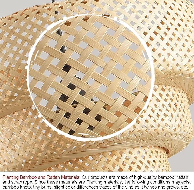18.12 Inch Bamboo Pendant Light 3-Tier Hand Woven Rattan Pedant Light for Kitchen Dining Room Bedroom Living Room Kitchen Island Coastal Pendant Light