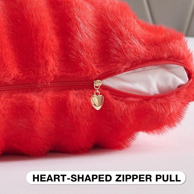 FUTEI Christmas Red Decorative Throw Pillow Covers 22x22 Inch Set of 2,Soft Fluffy Faux Rabbit Fur Dyeing Striped Textured Cushion Case,Modern Home Decor for Couch Bed Living Room