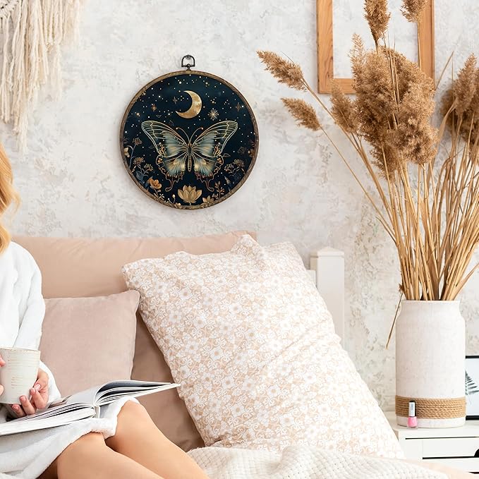 KFXHANGD Gothic Butterfly Moth Round Wall Art Framed, Witchy Butterfly Canvas Wall Art Decor, Mystical Moth Hanging Decor for Bathroom Bedroom Living Room, 10x10inch