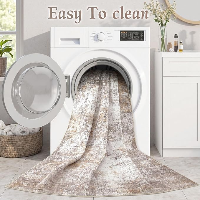 Washable 5X7 Area Rug: Modern Abstract Soft Non-Slip Indoor Rugs Home Decor - Low Pile Stain Resistant Carpet for Living Room Bedroom Dining Room Playroom Office(Golden Brown,5'x7')