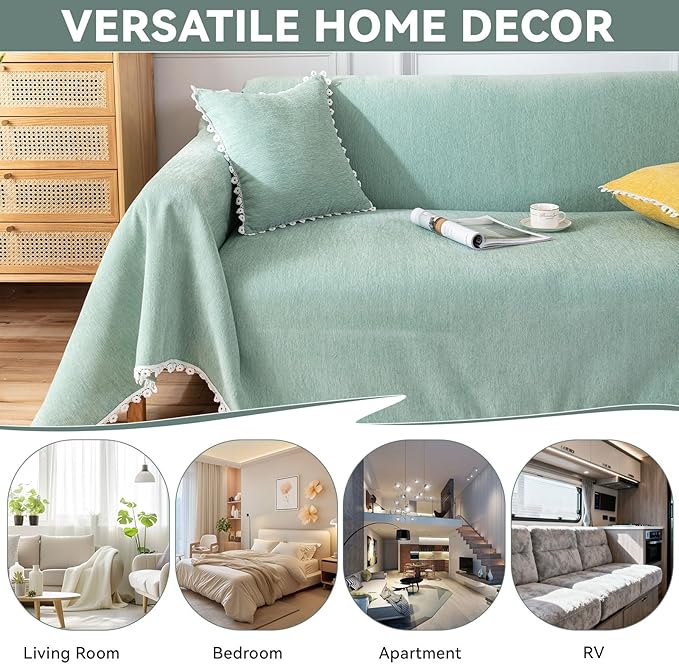 VClife Couch Cover Farmhouse Chic Sage Green Couch Covers for 3 Cushion Couch Sofa - Washable Chenille Sofa Cover for Living Room Office RV Bedroom (71"X150") Gift for Christmas Thanksgiving Birthday