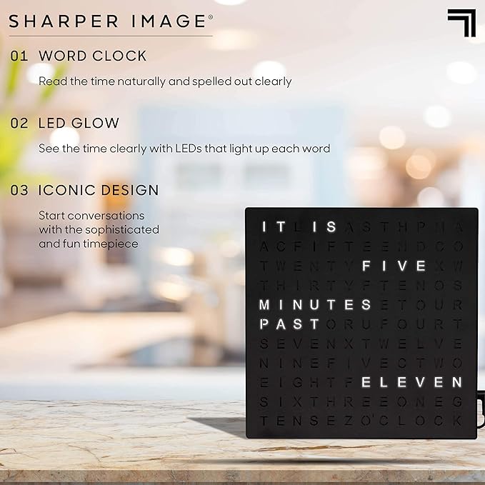 Sharper Image® LED Word Clock – 7.75" Light-Up Digital Clock for Desk & Wall| Modern Time Display Accent Clock| Unique Home Office Décor| Living Room Kitchen Bedroom| Housewarming Gift for Men & Women