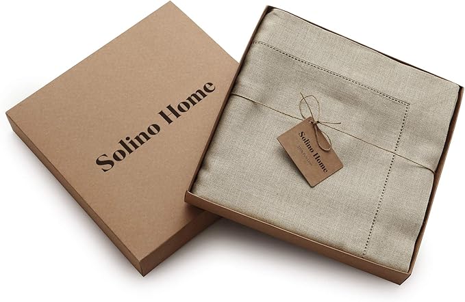 Solino Home Natural Linen Tablecloth 60 x 120 Inch - 100% Pure Linen Hemstitch Table Cloth for Rectangle Tables - Classic Hemstitch, Machine Washable Tablecloth for Fall, Thanksgiving, Christmas