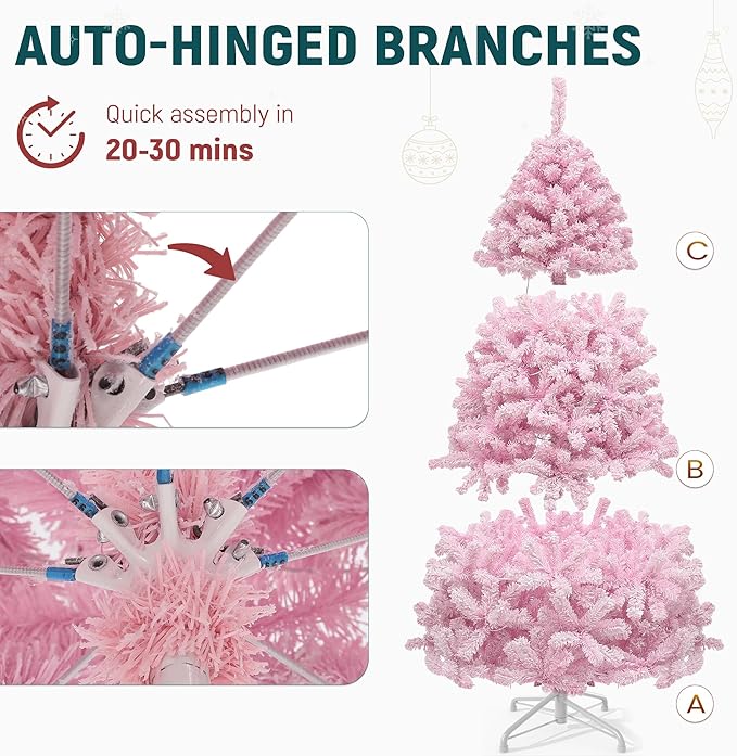 YITAHOME 6 FT Prelit Pink Flocked Christmas Tree, Pre-Lit Pink Spruce Artificial Christmas Tree with 928 PVC Flocked Tips and 250 Warm-White Lights for Home, Office Decoration