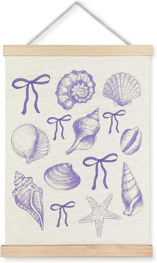 ignytiger Coastal Beach Seashell Wall Art Poster Framed, Ocean Beachy Nursery Decor, Purple Coquette Bow Seashell Canvas Wall Art Prints for Girls Toddler Nursery Room Bedroom Decor, 12x16 Inches