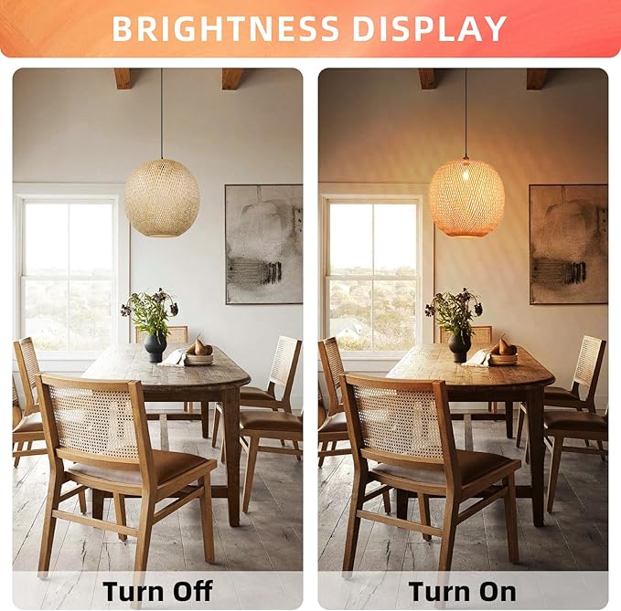 Arturesthome 15.7" Bamboo Pendant Lights, Round Wicker Chandelier, Hand-Woven Boho Basket Lampshade Hanging Ceiling Light for Kitchen Island Living Room