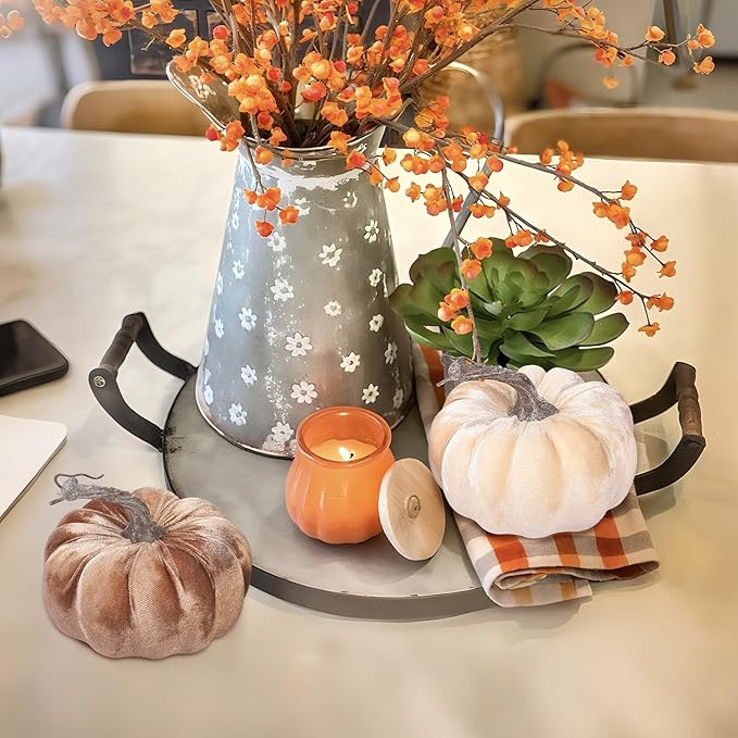 2pcs Velvet Fake Pumpkins Fall Harvest Fabric Foam Pumpkin Thanksgiving Halloween Decor for Table Centerpiece Wedding Farmhouse (2, Beige Coffee, M)