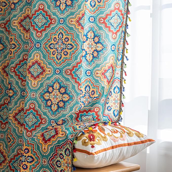Boho Curtains Geometric Light Filtering Semi-Blackout Window Curtains 72 Inches Long Rod Pocket Drapes for Living Room 2 Panels-Geometric Blue