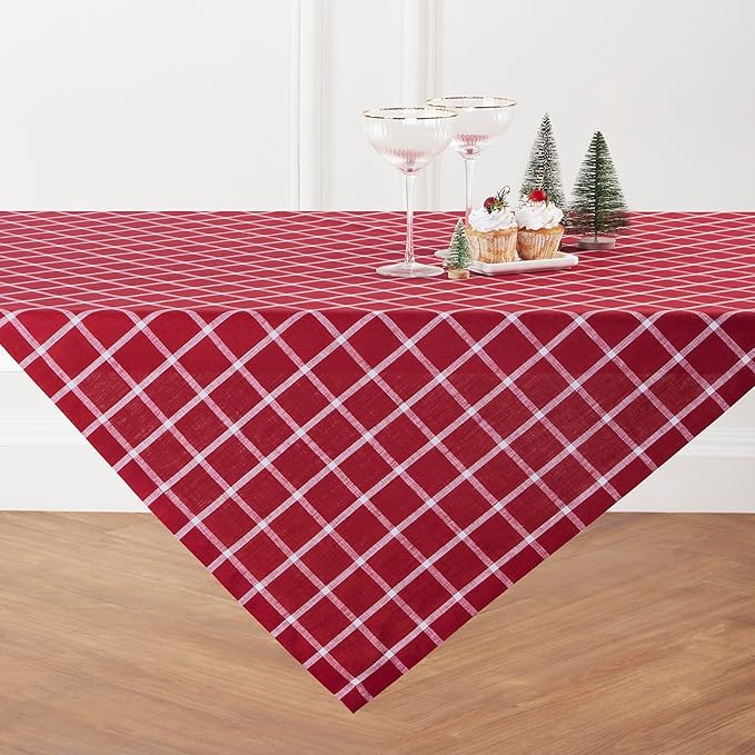 Solino Home Linen Tablecloth 52 x 52 Inch - 100% Pure Linen Windowpane Red Square Tablecloth for Christmas, Xmas - Machine Washable Table Throw