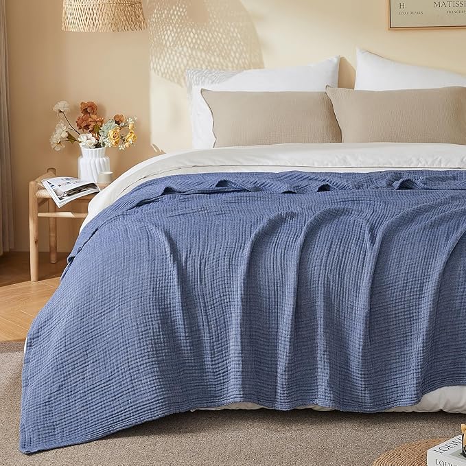EMME Cotton Muslin Queen Blanket Bed Layering Bedspread Coverlet Breathable Gauze Soft Lightweight Adults (Heather Navy, 90"x90")