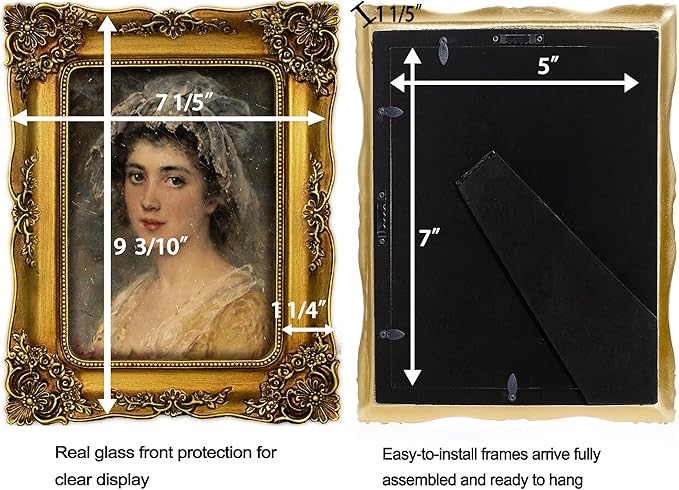 Gold 5x7 Picture Frame Vintage Ornate Antique Victorian Picture Frames Baroque for Tabletop or Wall Hanging Small Bronze with Glass Front