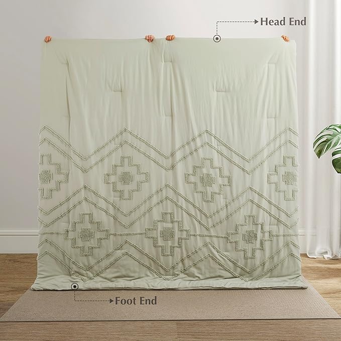 Oli Anderson Boho Tufted Comforter Set Queen Size, 3 Pcs Soft Jacquard Bedding Set for All Seasons, Shabby Chic Farmhouse Bedding Set with Comforters for All Seasons (Mist Sage, Queen)