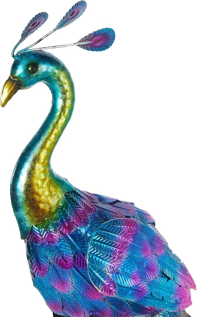 Alpine Corporation 28" Tall Outdoor Metallic Peacock Standing Yard Statue Decoration, Multicolor