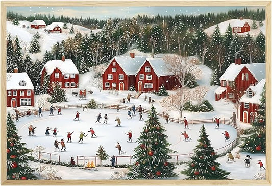 OZCONO Snowy Christmas Village Wall Art for Holiday Decor, Nordic Winter Town Scene with Ice Skating, Vintage Seasonal Artwork, Xmas Festive Cabin Landscape Accent (Unframed) (9x11)