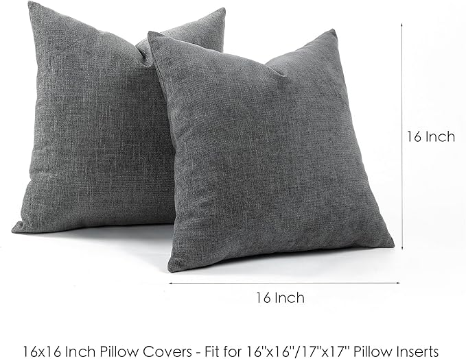 Jepeak 16x16 Inch Decorative Chenille Throw Pillow Covers, Pack of 2 Cozy Concise Pillow Cases Soft Farmhouse Modern Square Cushion Cover for Sofa Couch Bed Home Decor, Dimgrey